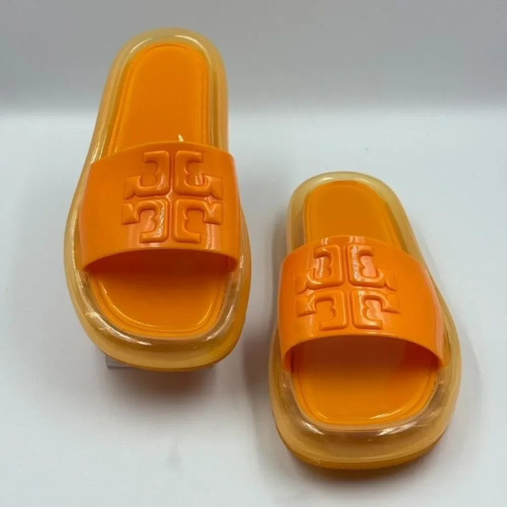 Tory Burch Womens 6 Orange Bubble Jelly Slide Sandal Logo